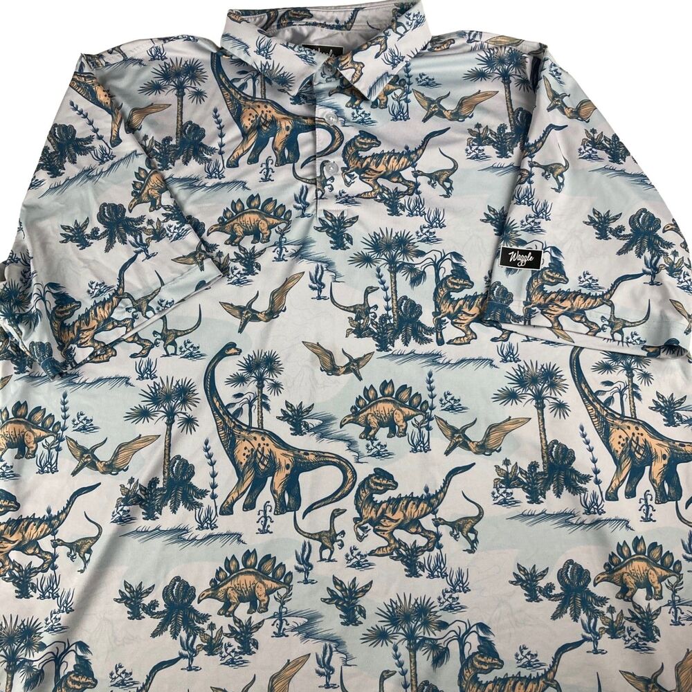 Waggle Dinosaur Golf Polo Shirt Men 2XL All Over Print Stretch Casual
